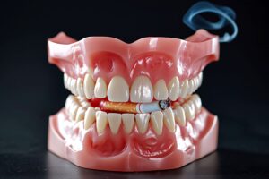 Closeup of a set of model dentures biting down on a lit cigarette