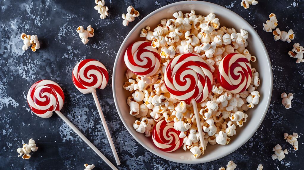 Red and white round lollipops in and around a bowl of popcorn